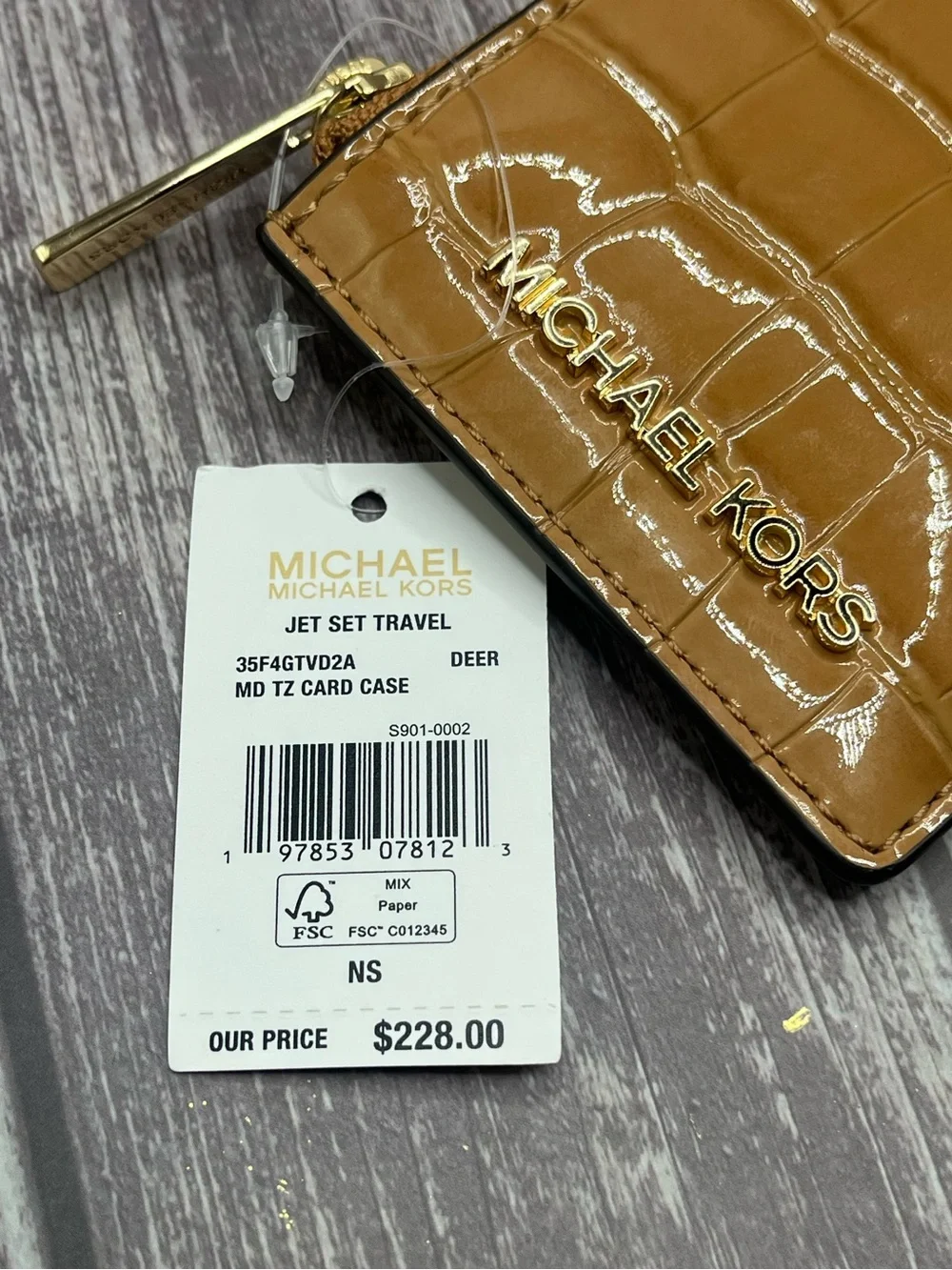 NWT MICHAEL KORS Jet Set Travel Croc Leather Zip Card Case Wallet - Camel/ Deer